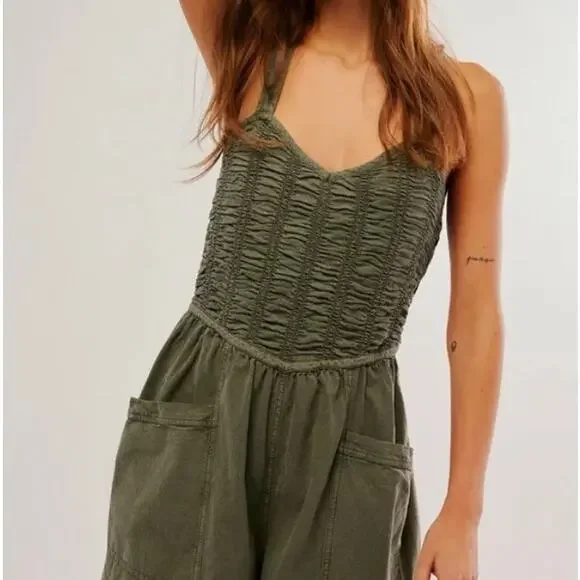 Free People Forever Always Ruched Jumpsuit in Dried Basal size Medium - Picture 3 of 6